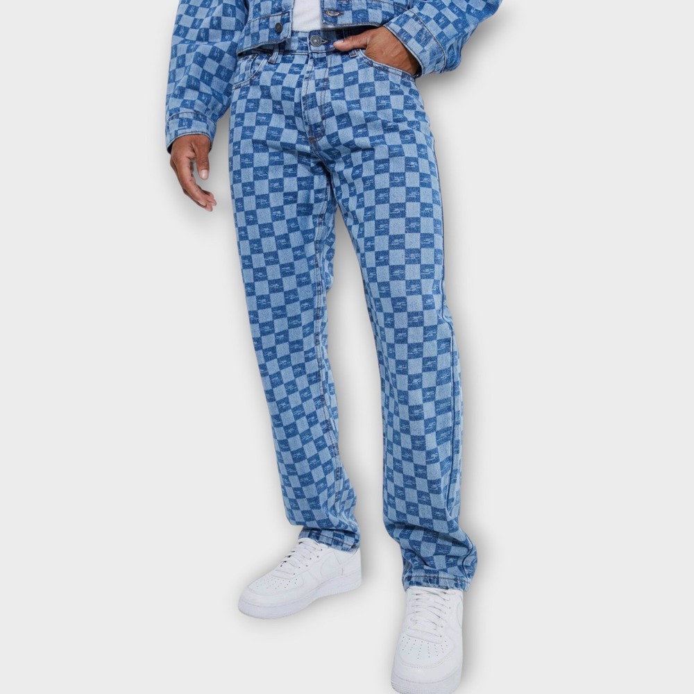 NEW boohooMAN Relaxed Rigid Checkerboard Laser Print Jeans Blue Men's Size 30